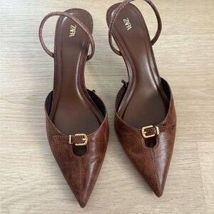Zara Women’s Brown Leather Slingback Show with Buckle - Size 37